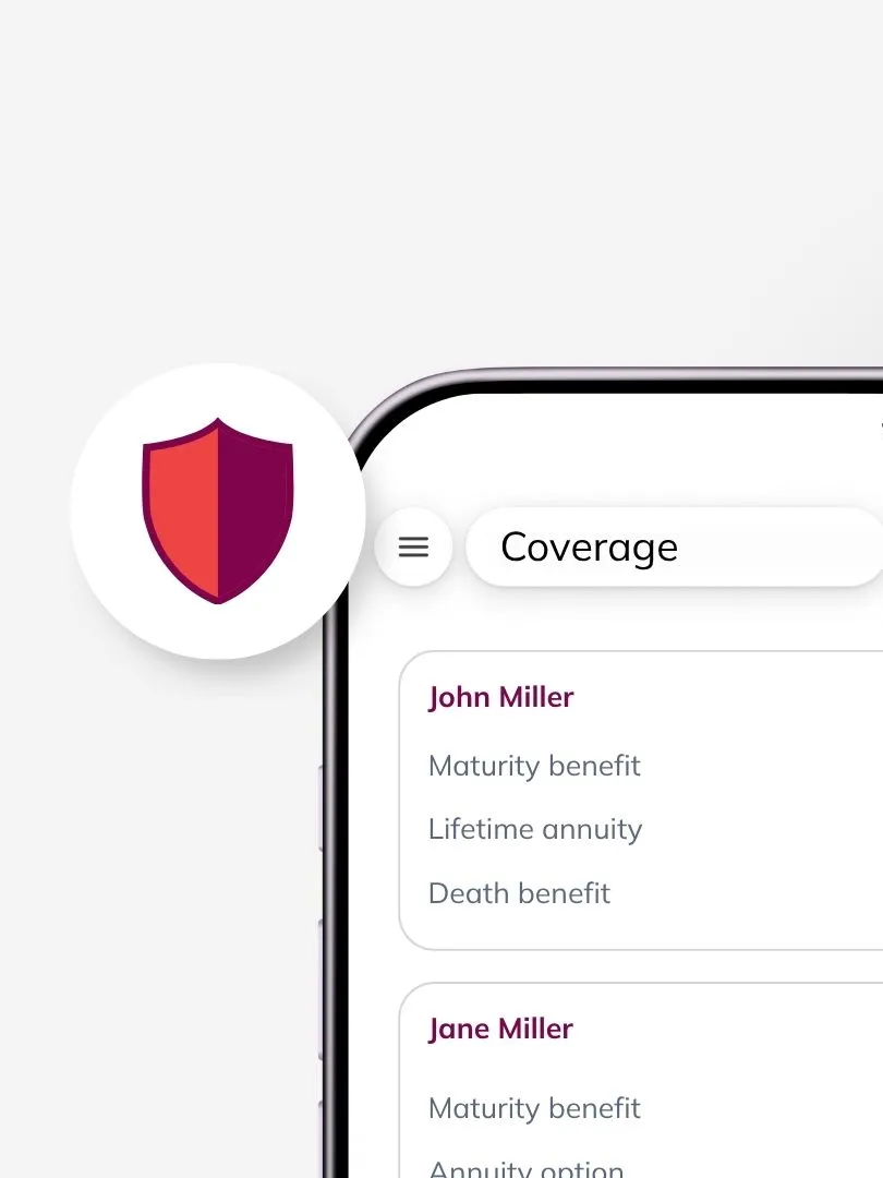 App & Customer Portal — risk protection view in the fund-linked Pillar 3a policy with optional death benefit and incapacity-to-work cover